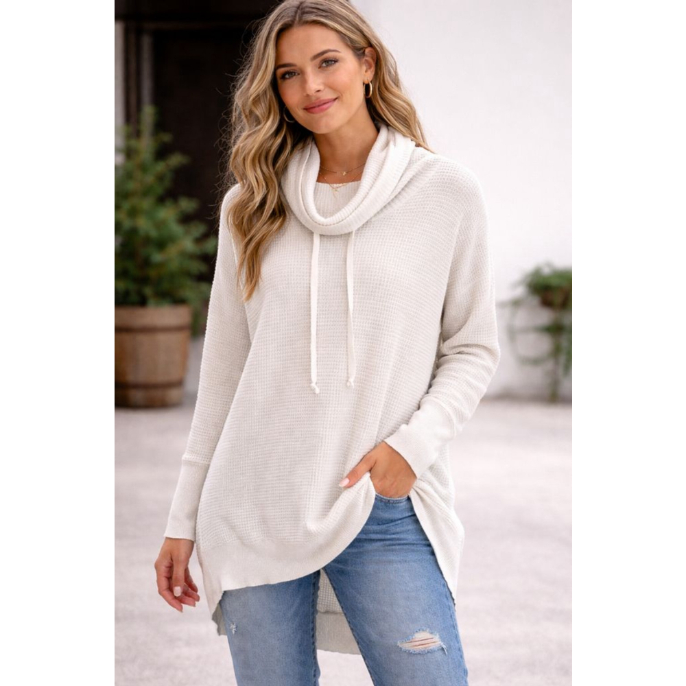 Cynthia Rowley Active Waffle Knit Cowl Neck Tunic Sweater L Cozy Lounge OffWhite
